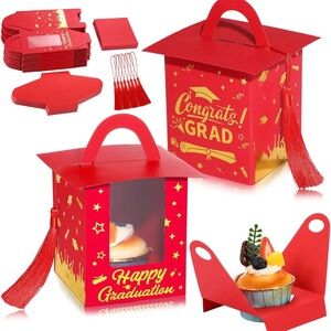 Graduation Cupcake Boxes with Window and Tassel - Color is Red-32 Count